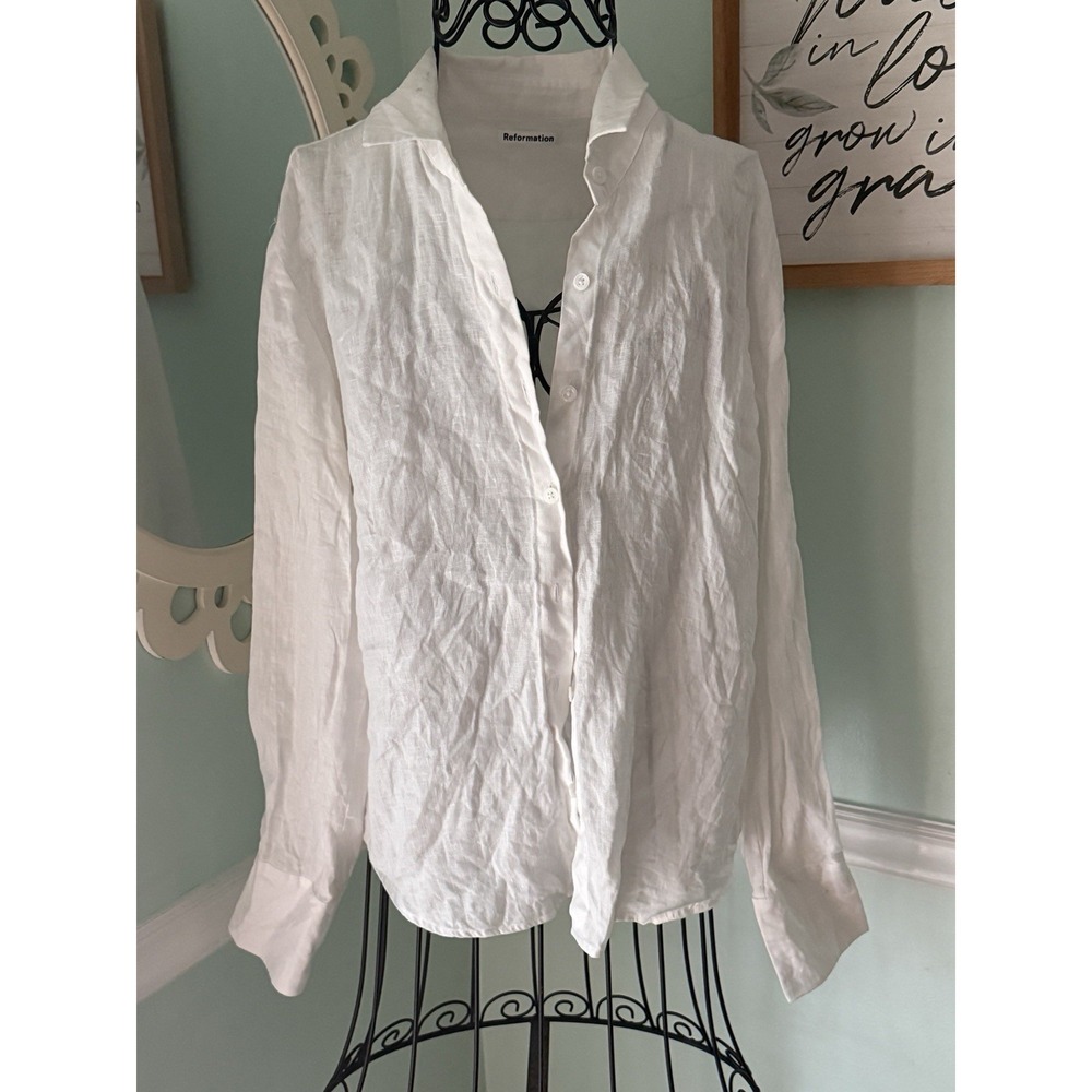 Reformation Willa Linen Top Womens Small White Good Long Sleeve Button Down